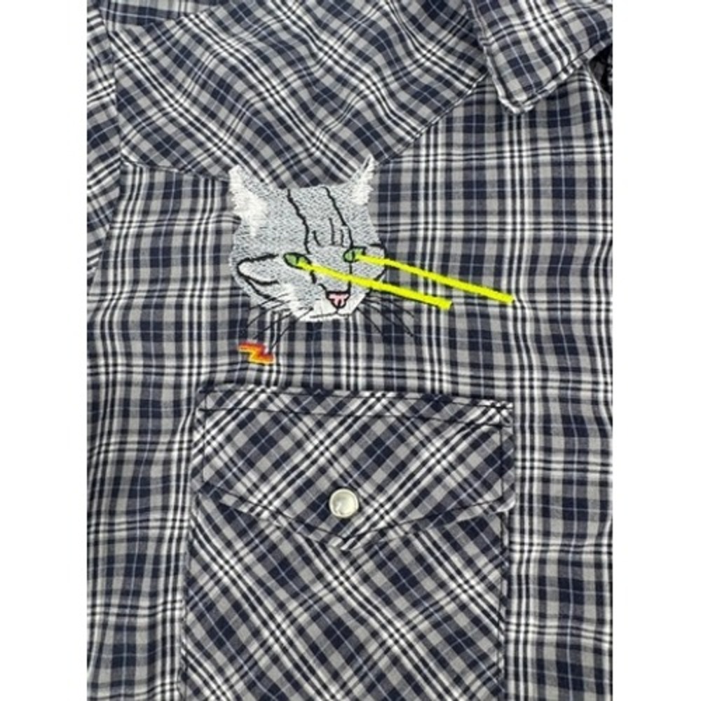 Wrangler Western Shirt Mens M Blue Plaid Laser Cat Embroidery Pearl Snap - Picture 4 of 10